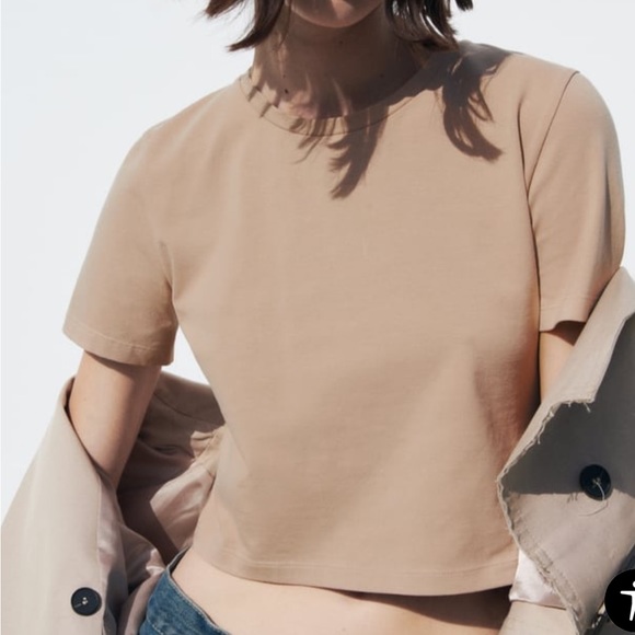 Zara Round Neck Short Sleeve T-Shirt with Stretch | Beige | Women’s Small - Picture 2 of 5